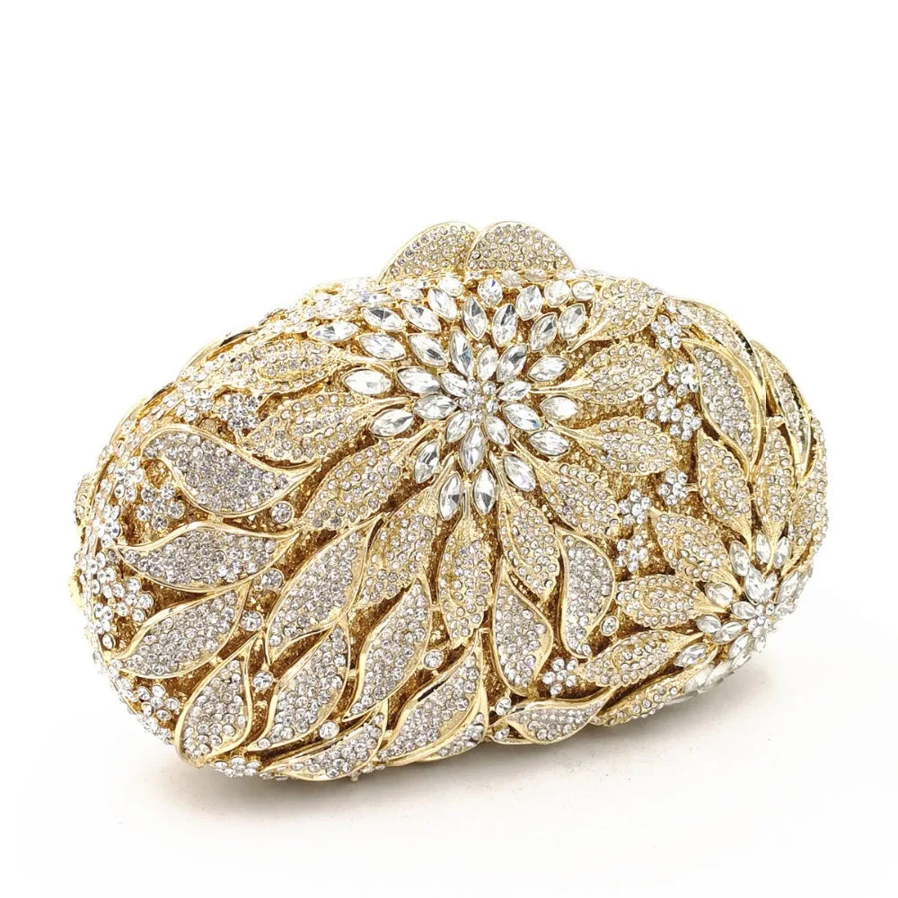 Gold Metal Leaves Crystal Clutch