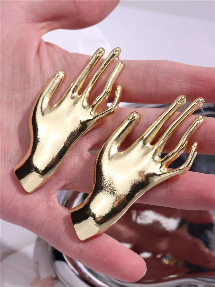 Golden Palm Hand Earrings Side View