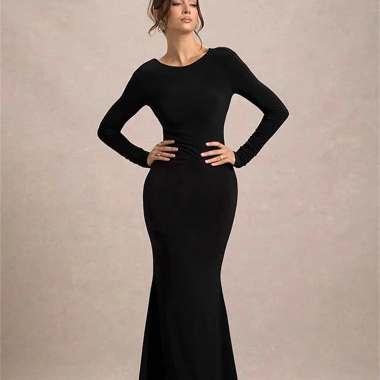 Black Tee Bow Backless Long Dress Front View