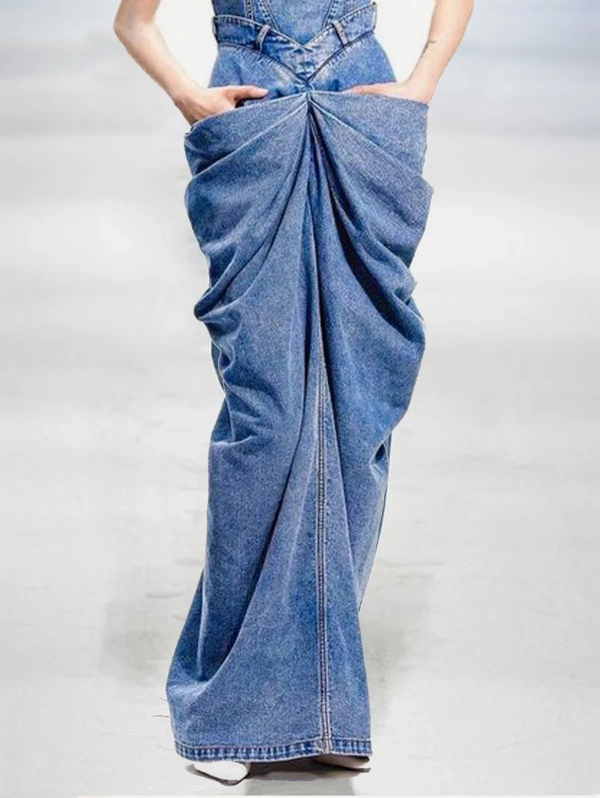 Back view of Fashion Buckle Sleeveless Ruched Design Denim Maxi Dress