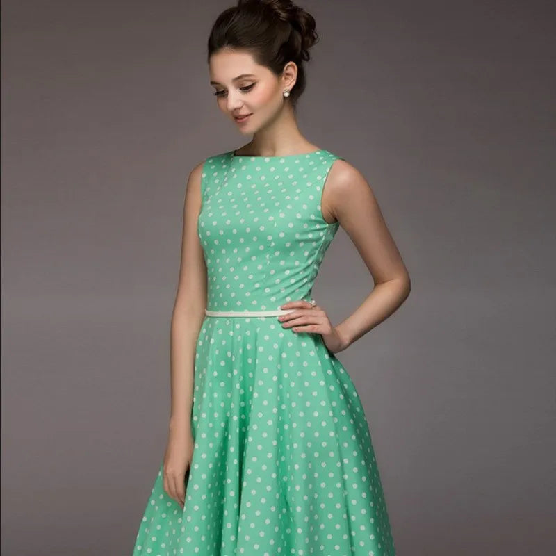 Back view of Retro Polka Dot Sleeveless Long Swing Dress