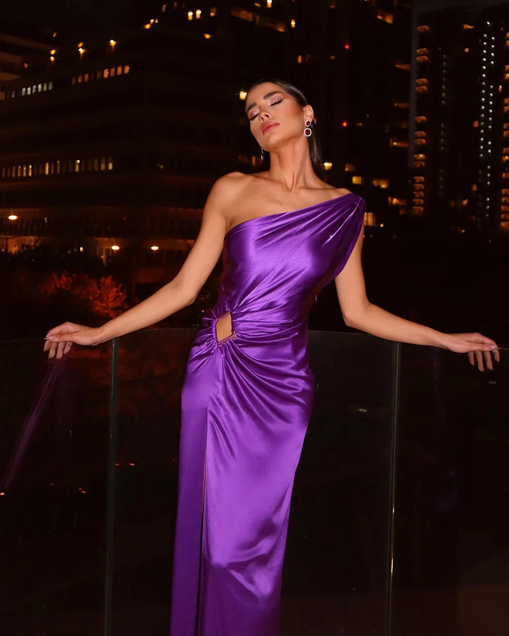 Purple One Shoulder Party Dress Front View