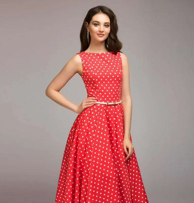 Retro Polka Dot Sleeveless Long Swing Dress