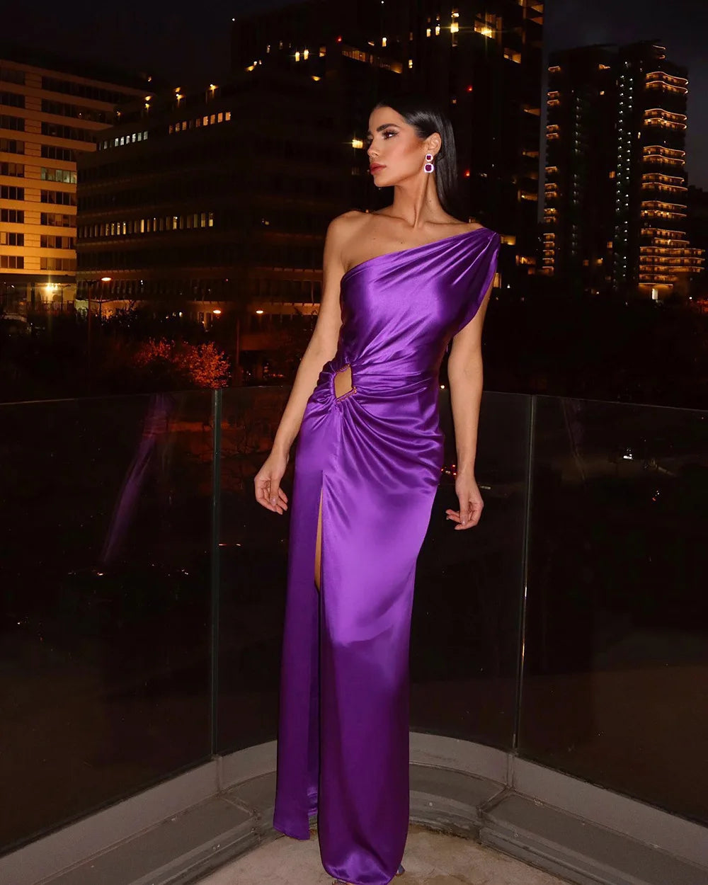 Purple One Shoulder Party Dress Back View