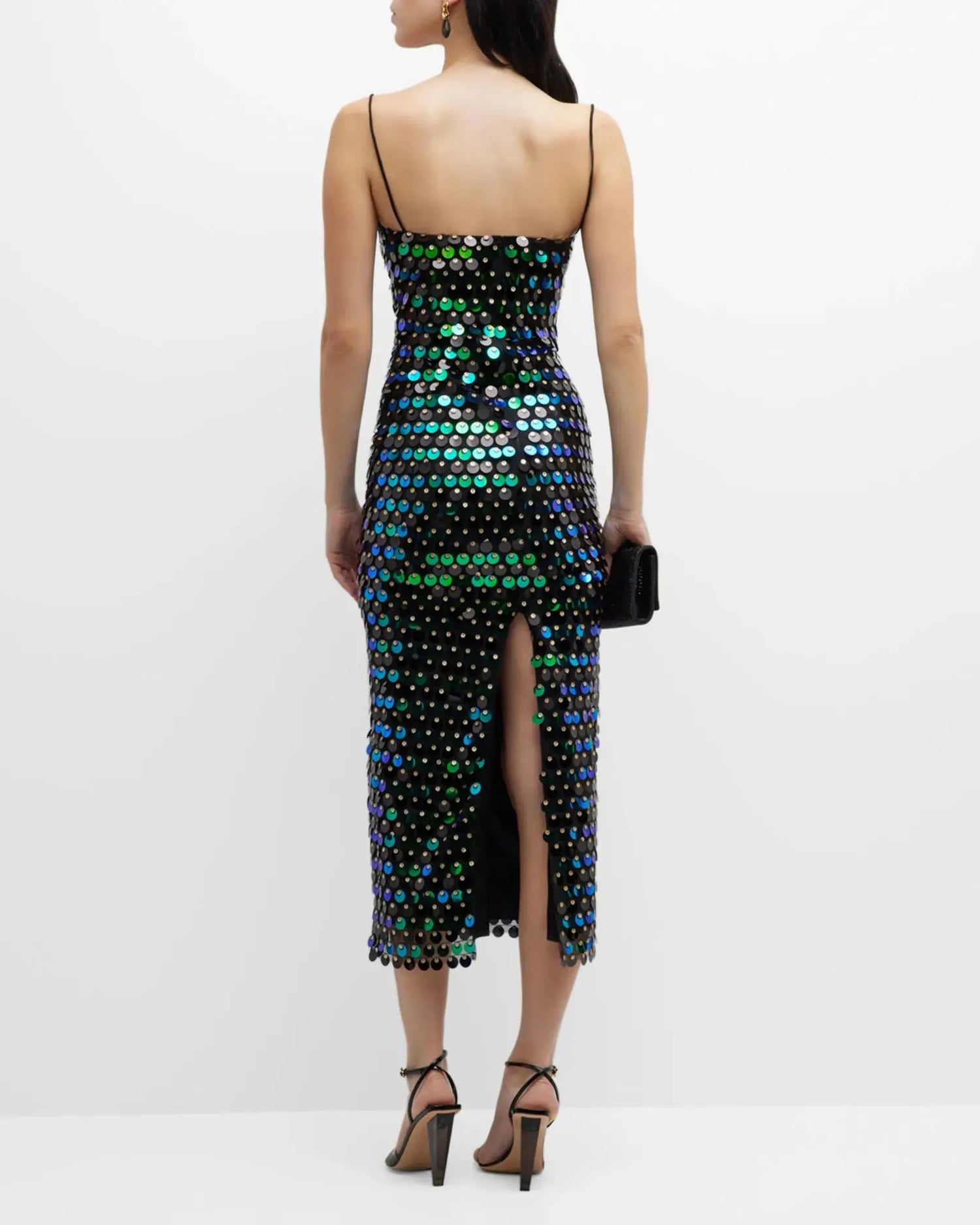 Sexy Sequin Patchwork Spaghetti Strap Side Slit Dress - Side View