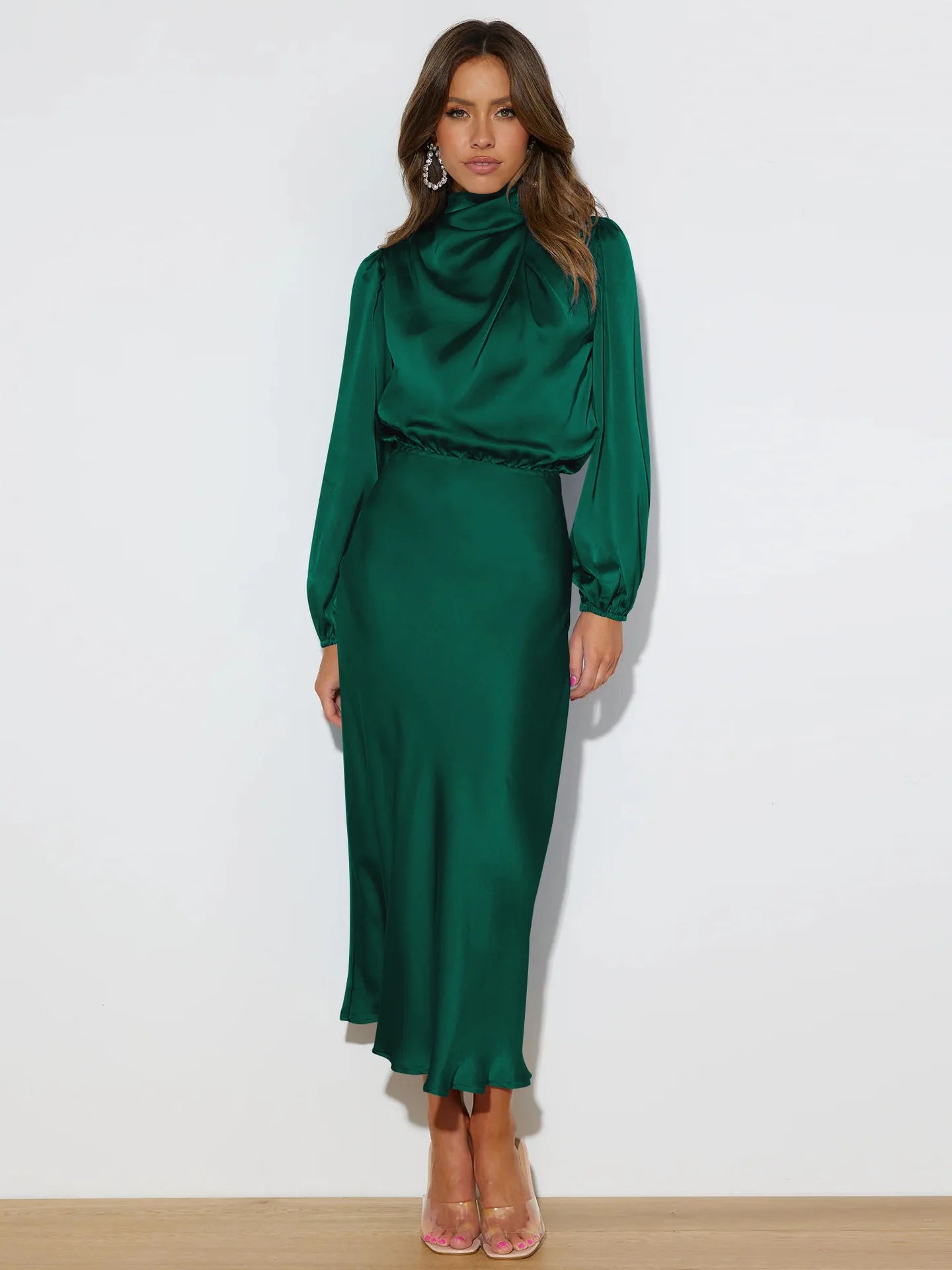 Satin Long Sleeve Dress Front View