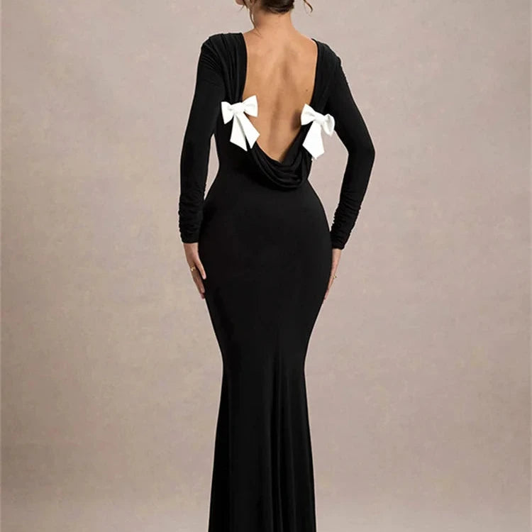 Black Tee Bow Backless Long Dress Back View