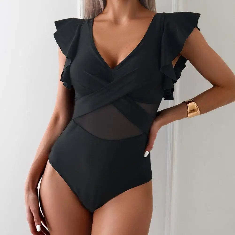 Women's V Neck Ruched Swimsuit - Front View