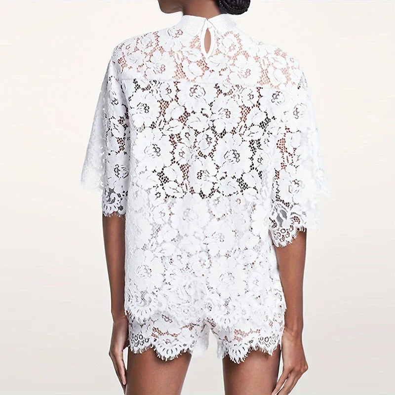 Summer Lace Embroidery Crochet Suit Back View